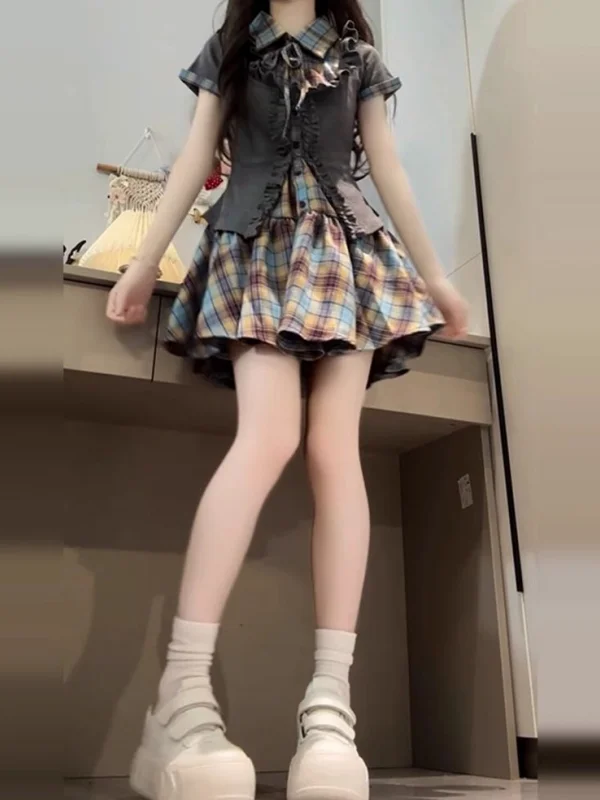 

Шикарная сладкая и пряная летняя юбка в клетку, комплект из двух предметов, модная и как одежда для колледжа