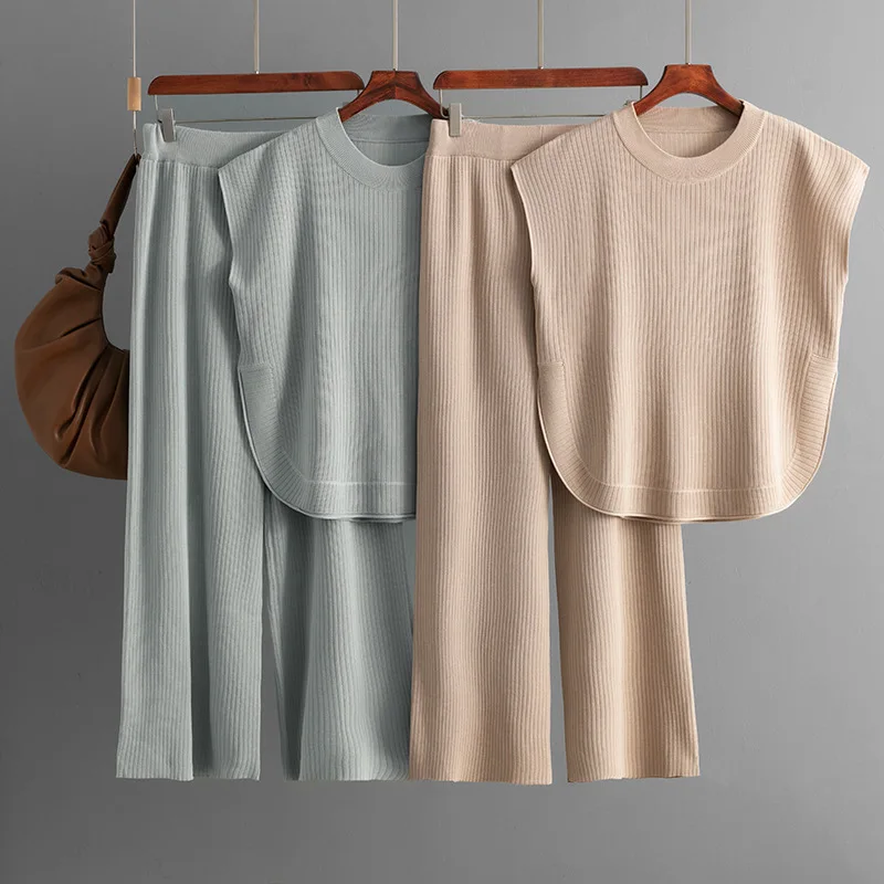 

Women Clothes Knitted Two Piece Sets 2025 Summer Loose Causal Round Neck Sleeveless Top Wide Leg Pants Female Fashion Suits B364