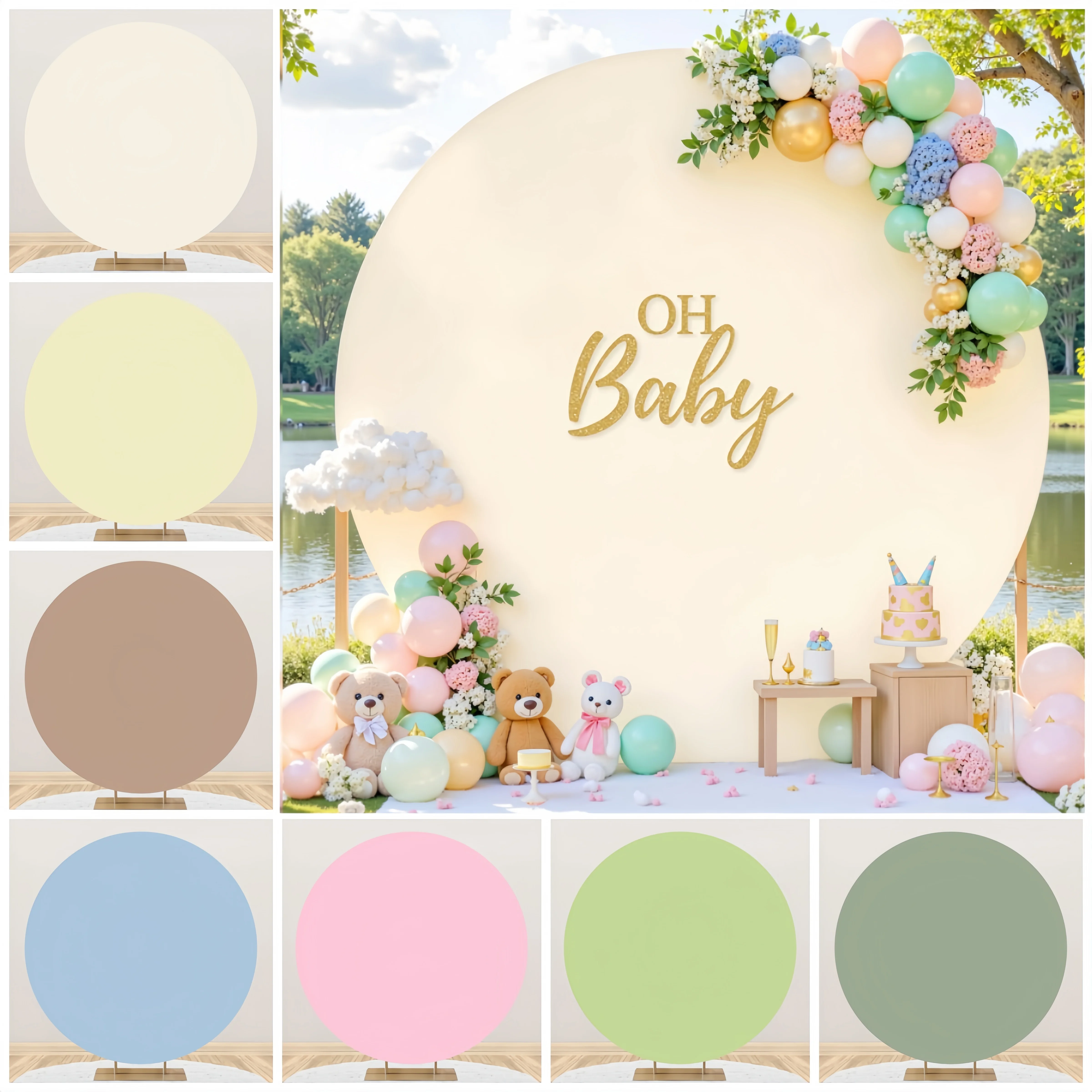 Einfarbiger Runder Hintergrund Beige Gelb Braun Blau Oh Baby Babyparty Geburtstag Hochzeit Geschlechtsoffenbarung Deko-Hintergründe