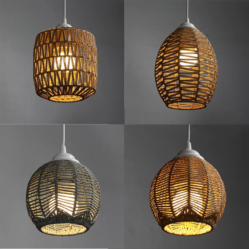 Hanging Round Lamp Shade Light Cover Pendant Woven Rattan Ceiling Chandelier Shades For Indoor Kitchen Cafe Restaurant Lampshade