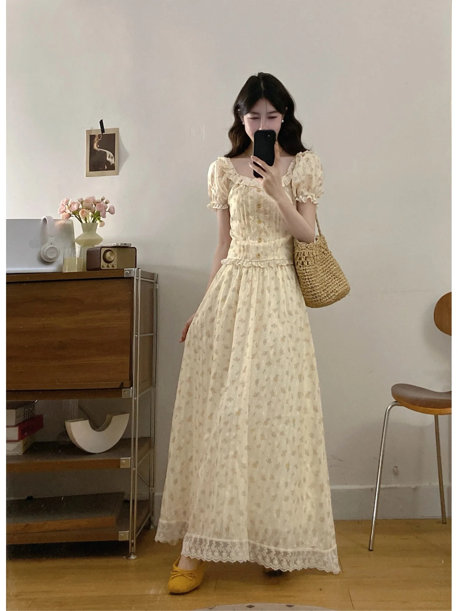 

Женский комплект больших размеров: рубашка с цветочным принтом и рукавами-фонариками и юбка с высокой талией, летний стиль для повседневной носки, корейская версия, приталенный крой