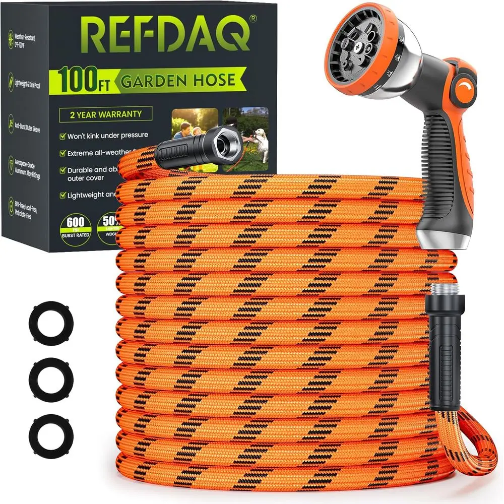 

Garden Hose 100 ft, Water Hose Heavy Duty, Flexible Lightweight Non-Expanding Hose with 10 Function Sprayer, Leak-Proof, Burst-R