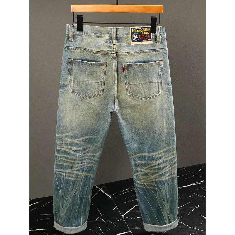 

Высококачественные мужские желтые грязевые джинсы в стиле ретро, осень-зима 2025 года, толстые свободные прямые брюки в уличном стиле с рваными нашивками