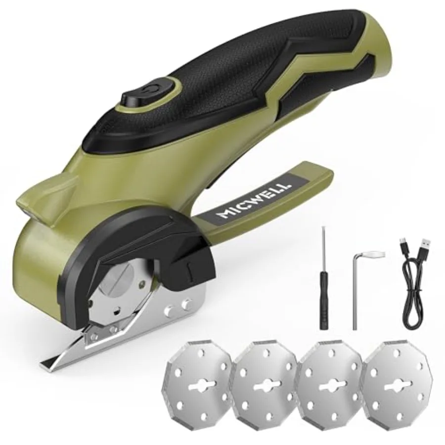 

Cordless Electric Shears - 4V Rechargeable Rotary Cutter, Safety Lock & LED Light, Lightweight with 4 Replacement Blades. Cuts Cardboard, Fabric, Leather, Plastic & Carpet