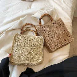 Hollow Crochet Beach Bags for Women Bamboo Handle Women's Handbags Paper Rope Knitting Clutch Bohemian Travel Tote Square Purse