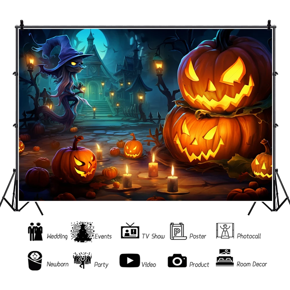 Halloween Fear Pumpkin Horror Night House Moon Family Party Banner Backdrop Custom Adult Kids Wall Photo Poster Decor Background