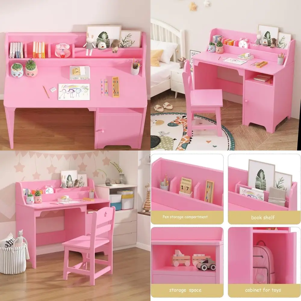 

Pink Wooden Kids Desk and Chair Set with Storage, Perfect for Studying and Computer Work in Children's Bedroom or Study Room