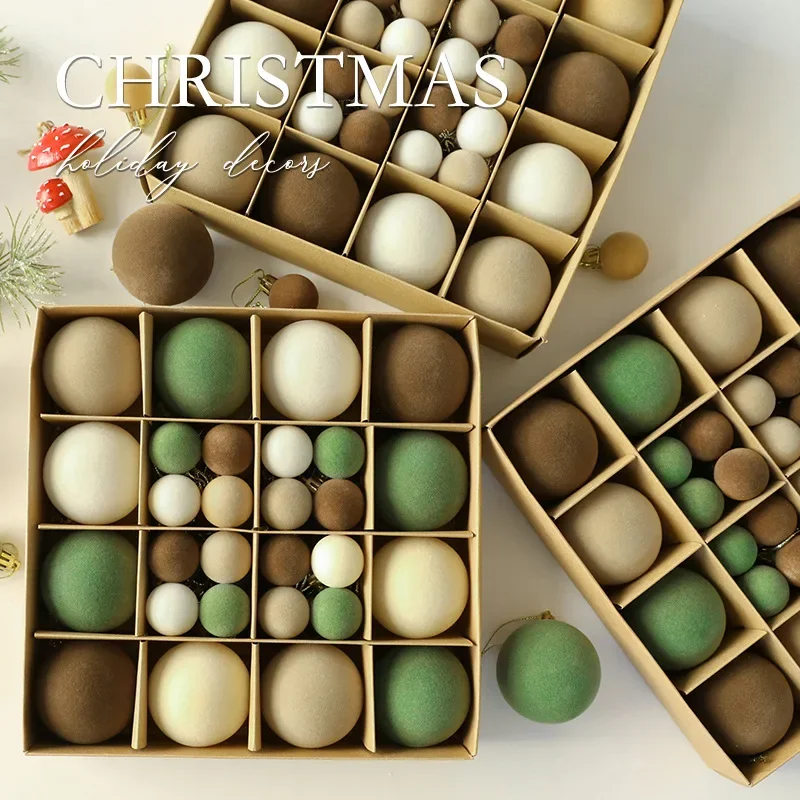 9/12/32/49pcs 3/6/8cm Flocking Christmas Ball Ornaments Plush Christmas Tree Party Decoration Bronze Christmas Spheres Pendant