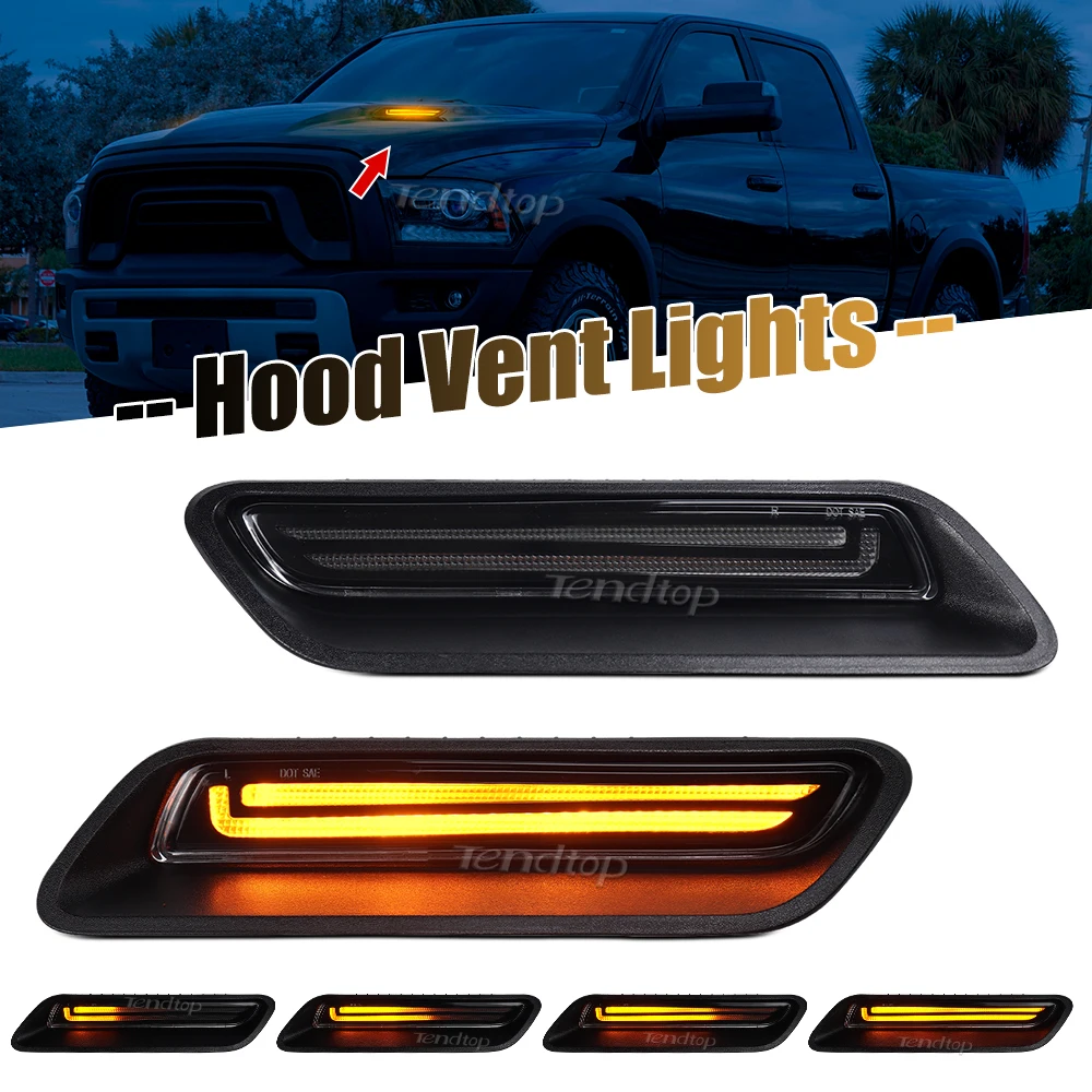 2PCS LED sprot hood Light decorative grille For Dodge RAM 1500 2010-2018 2019-2022 white DRL Dynamic amber turn signal light