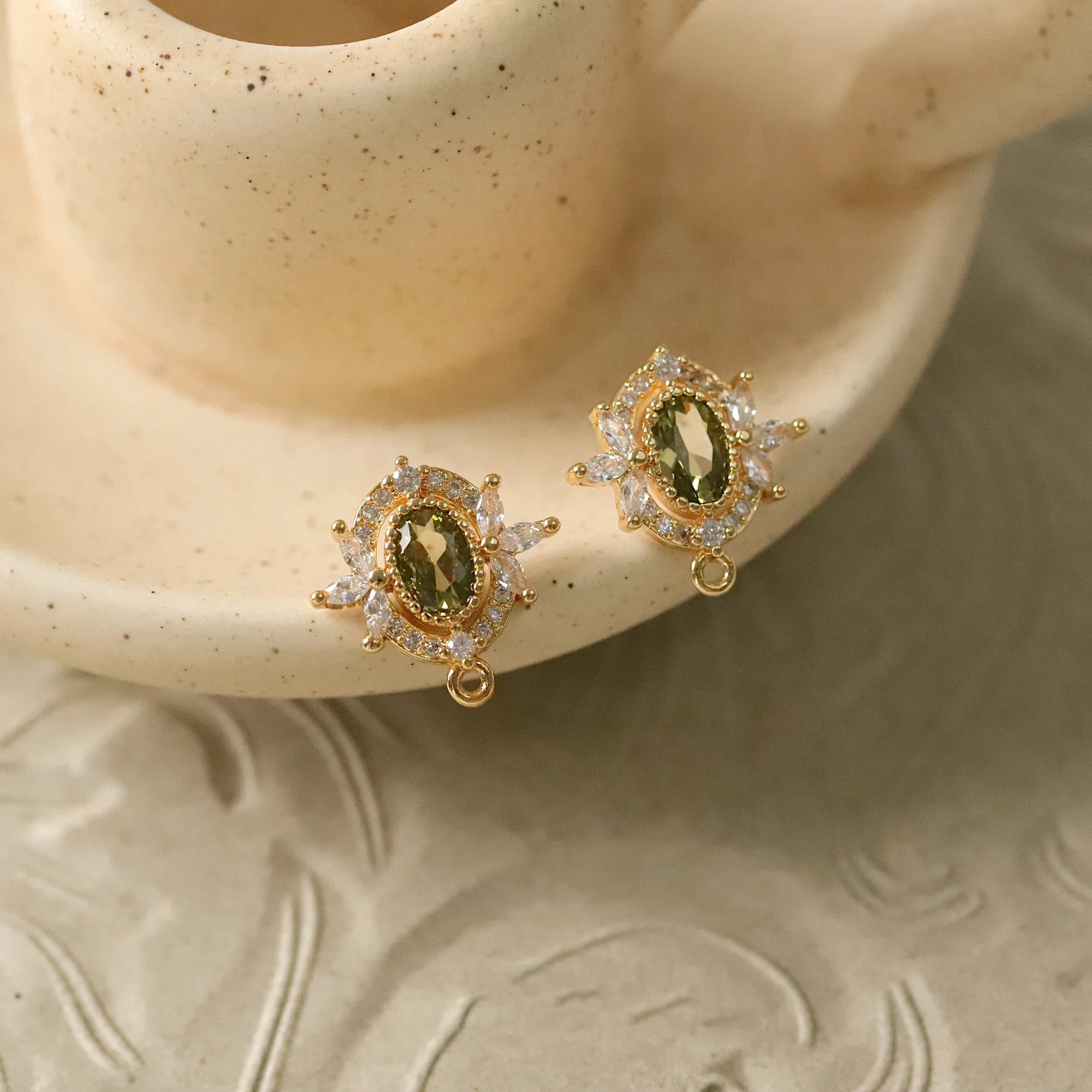 2PCS Gold Plated Brass Vintage Zircon Olive Green Ear Stud Earrings Handmade Findings Jewelry DIY Making Supplies Accessories