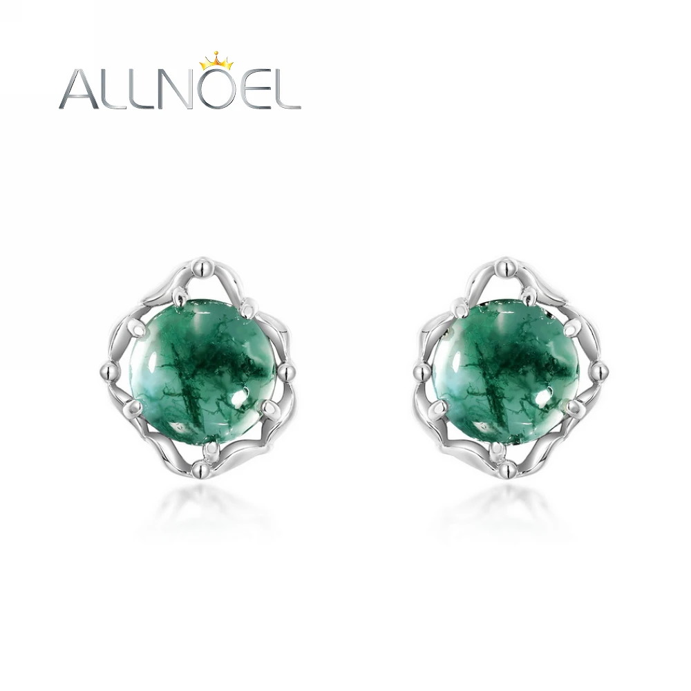 ALLNOEL Natural 8*8mm Green Moss Agate Stud Earrings for Women 925 Sterling Silver Unique Gemstone Healing Jewelry Female Gifts