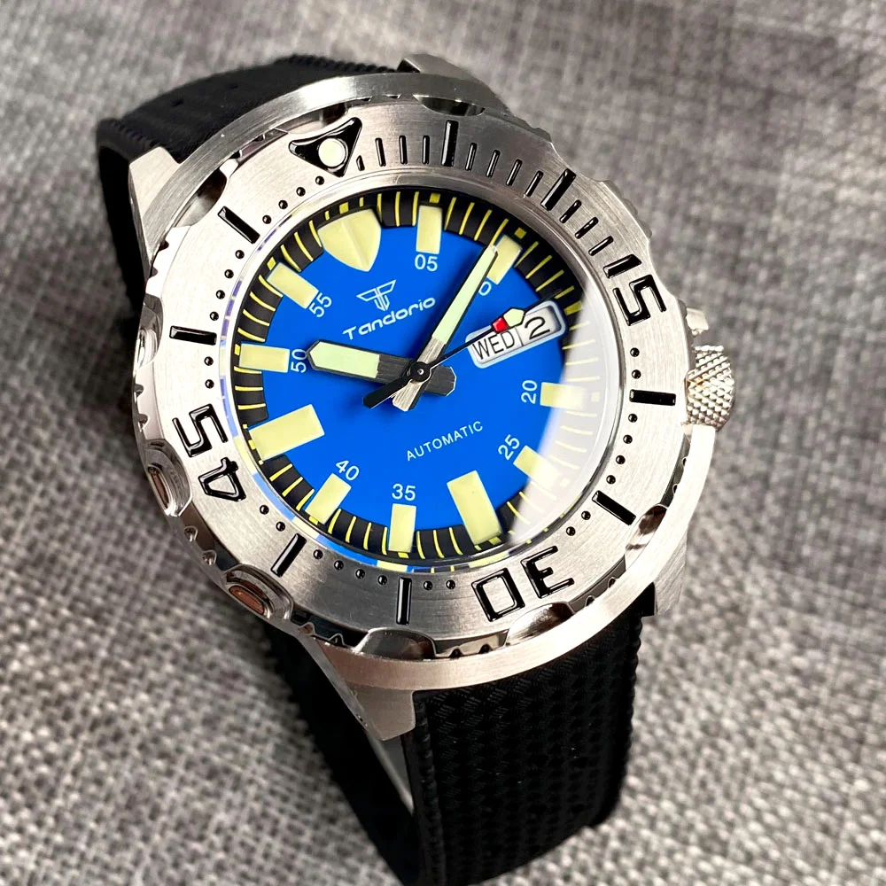 Tandorio 42mm Monster Blue Dial NH36A Herren-Automatikuhr AR Saphirglas 3,8 Uhr Krone Lume 20ATM Taucheruhr mit Kautschukarmband