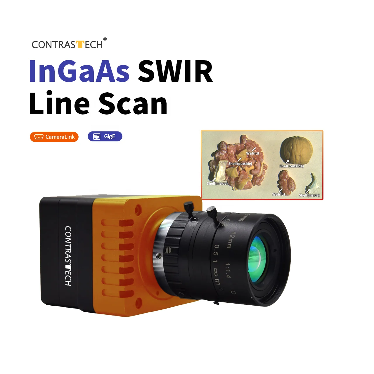 Short Wavelength 512x2 25μm 29.4kHz GigE CameraLink 950-1700nm Low Noise Line Scan InGaAs SWIR Camera for Material Inspection