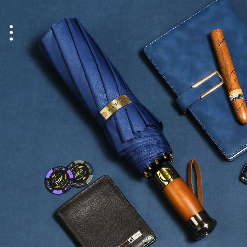 

10 bone three fold retro solid wood handle for men's umbrella, suitable for both rain and weather, with increased thickness