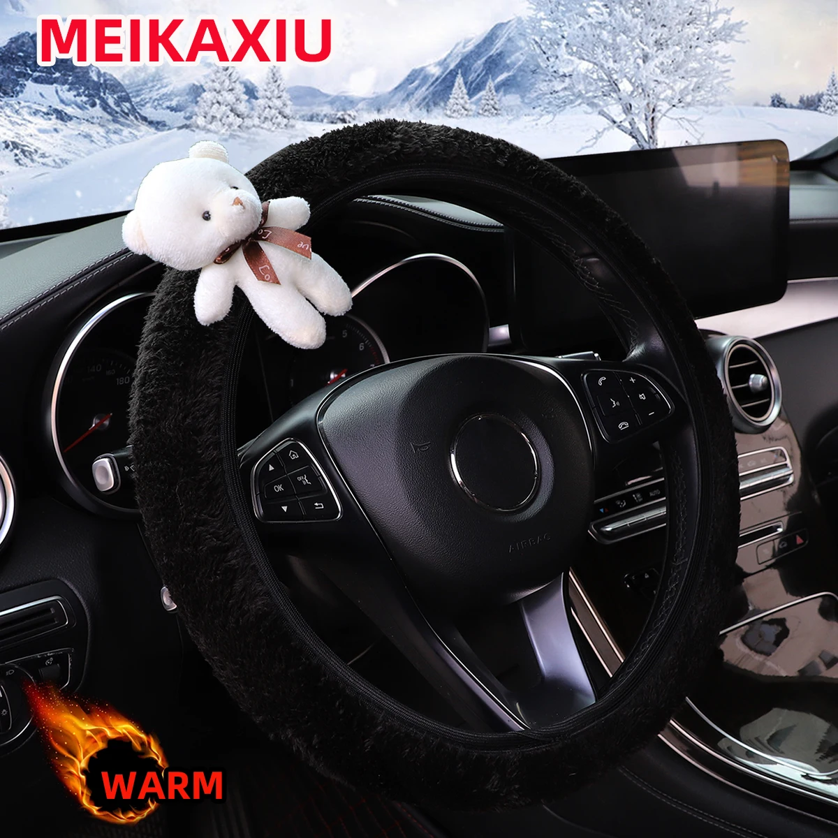Damen-Lenkradbezug, niedliche Tier-Themen – Kaninchen, Welpe, Wolke, Panda, Bär, Eisbär, Pelz-Design, kein Innenring – Detail 3
