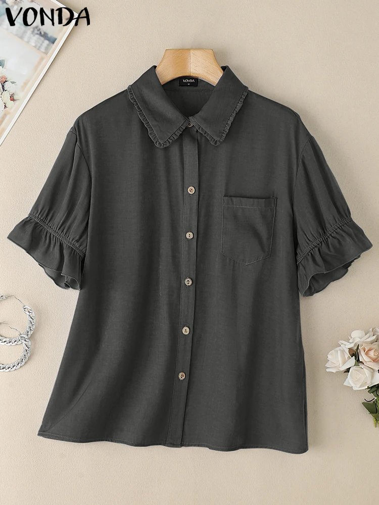 VONDA Summer Tops Ruffles Women Blouses Solid Color Buttons Turn-down Collar Casual Blusas Streetwear Female Tunic Oversize