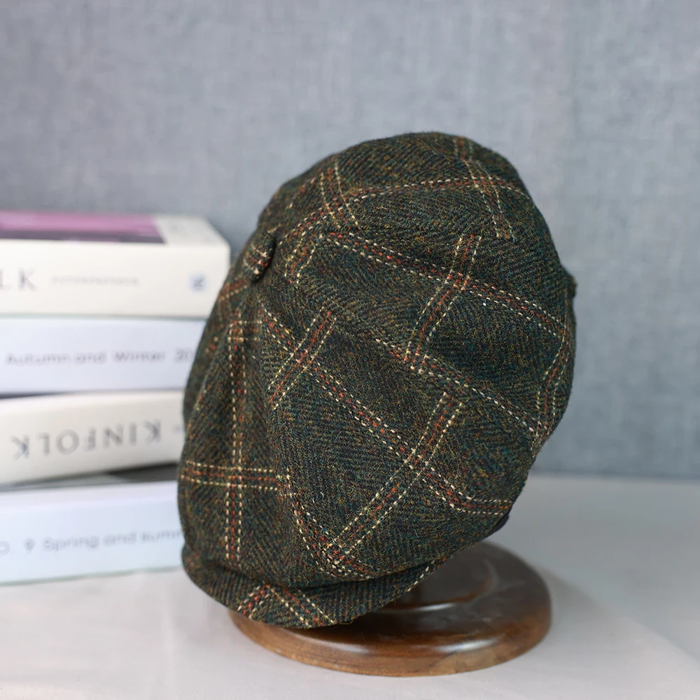 Green Plaid New Wool Flat Cap Men\'s Golf Cabbie Hat Gatsby Ivy Cap Irish Hunting Hat Newsboy Driver Cabbies Beret 015