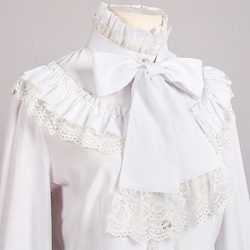 Camisas blancas con volantes Vintage para mujer, blusas estilo pijo japonés con lazo de Lolita, blusas ajustadas de manga larga negras con retazos de encaje gótico