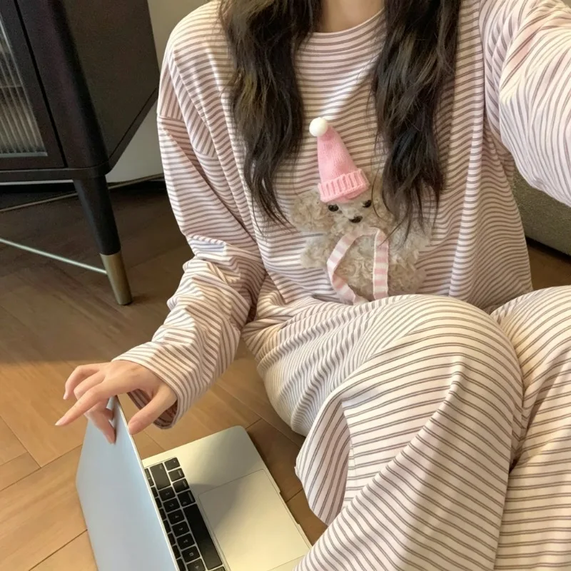 Autumn Women 2-Piece Pajamas Set Cute 3D Puppy With Pink Hat Striped Print Soft Casual Daily Home Loungewear Sleepwear Outfit 5