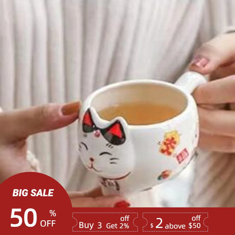 Japanese Style Fortune Cat Espresso Cups, Kawaii Lucky Cat Mug for Tea, Ceramic Tea, Coffee Cups with Handle, 100 ml