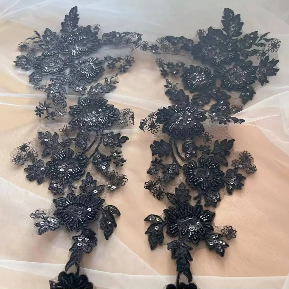 Elfenbeinweiß Schwarz Rayon Perlen Pailletten Blumen bestickte Spitze Spiegel Applikation Patch, DIY Hochzeitsaccessoires, Nähen, 48,5*19cm