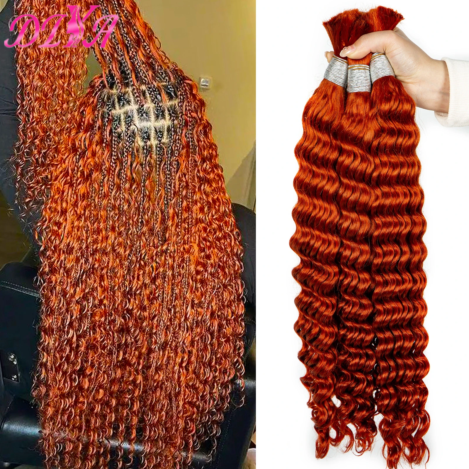 

Ginger Orange No Weft 16-28 Inch Extension Crochet Braids Deep Wave Human Hair Bulk for Braiding Brazilian Human Hair Bulk