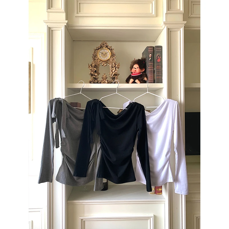 Coreano Sle Slim Fit Lungo Sve T-irt oulder Design Banda Bianca Autunno Inverno Nuovo Arrivo Faion delle Donne Casual Top