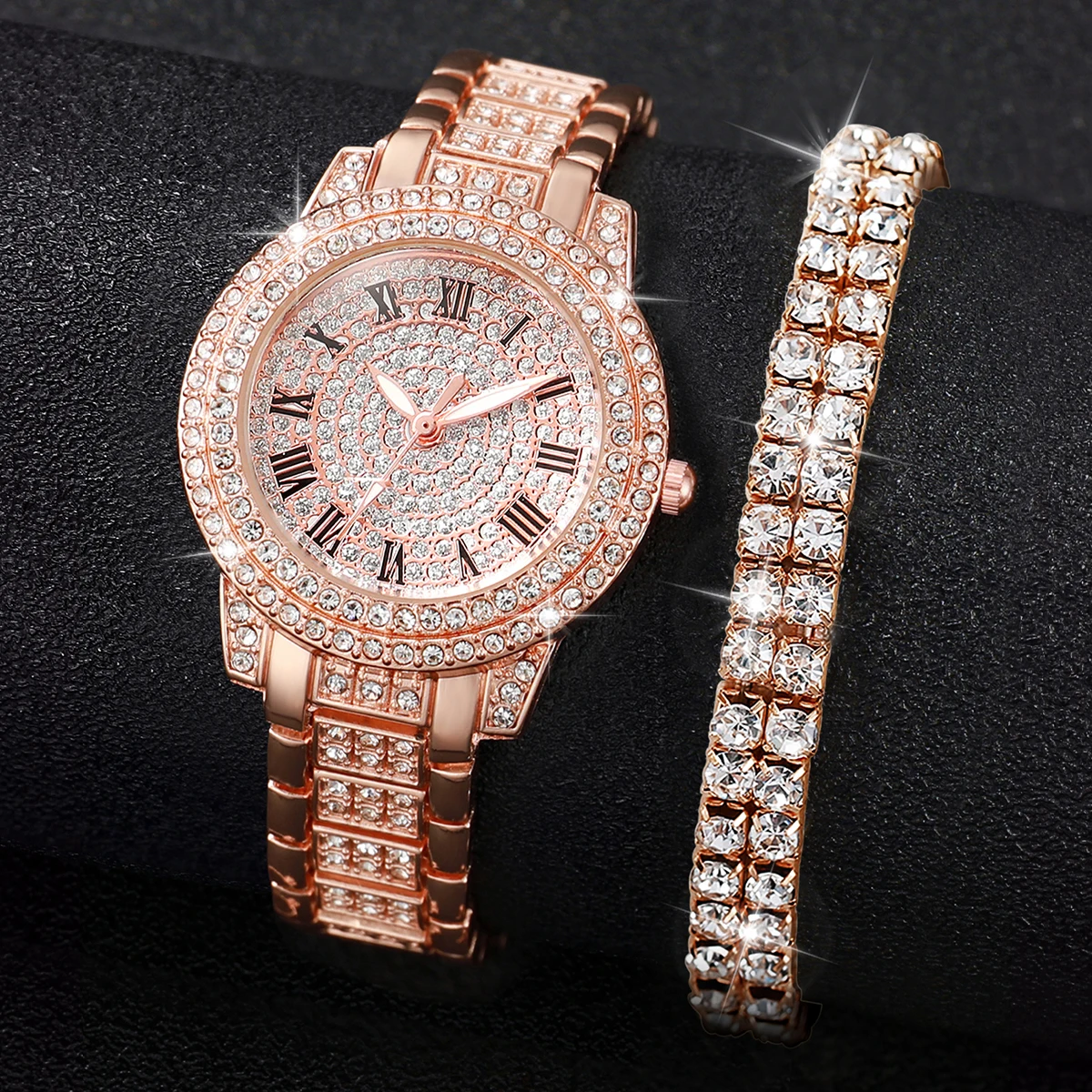 Reloj de lujo para mujer, conjunto de diamantes, correa de acero de oro rosa inglés, pulsera de doble fila de diamantes, 2 piezas por juego