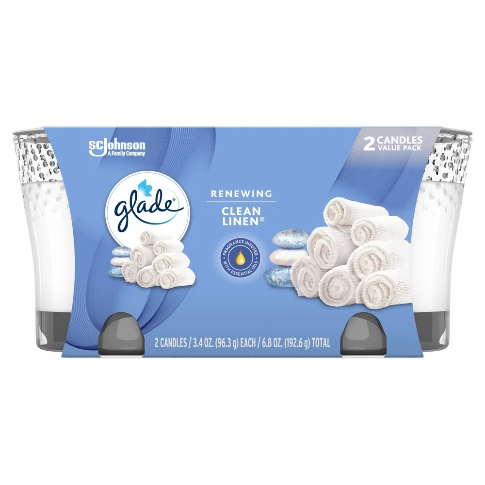 Essential Oil Infused Scented Candles Clean Linen Fresh Aroma 2 Count Gel Wax Long Lasting 56 Hours Lead Free Wick