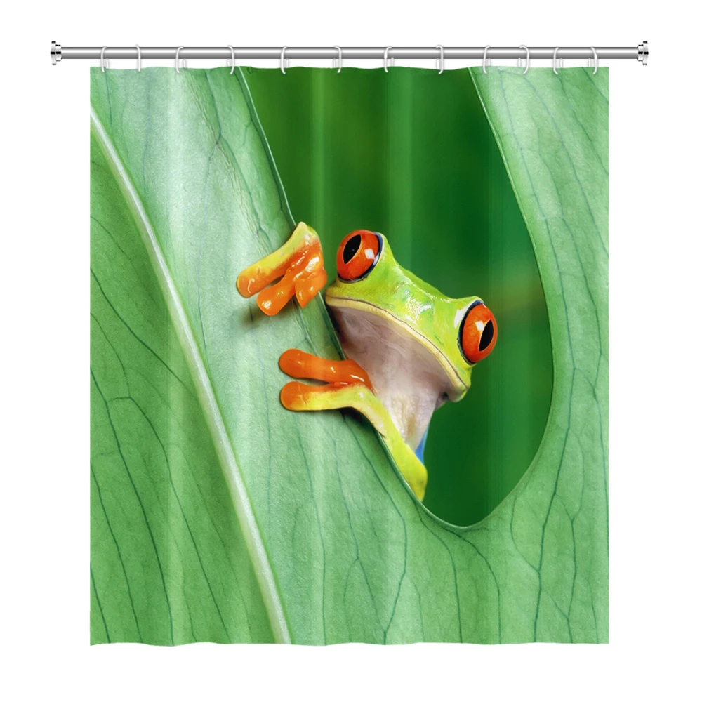 Funny Frog Cartoon Shower Curtain Sets Leaf Animal Creative Children Bathroom Decor Waterproof Fabric Home Hooks Bath Curtains