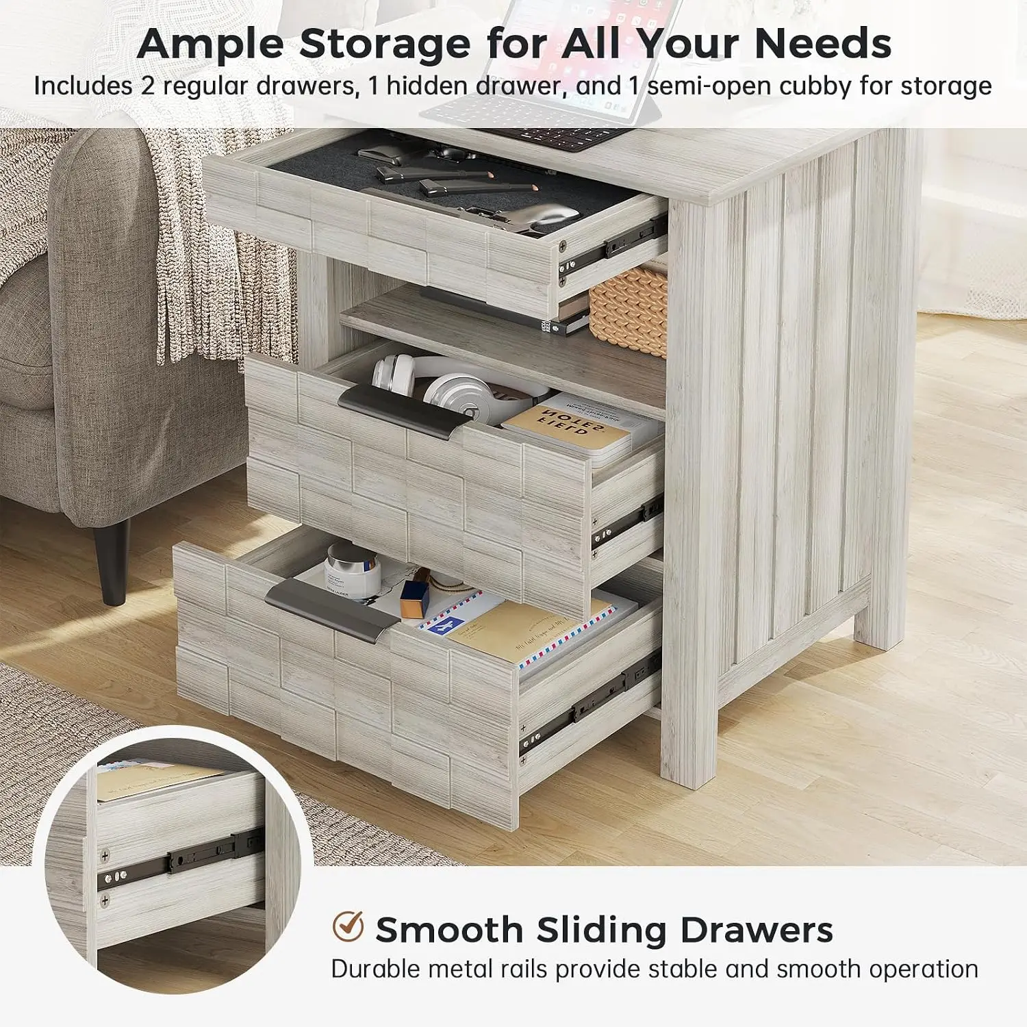 Gun Nightstand with Charging Station: Grey Lockable Hidden Drawer