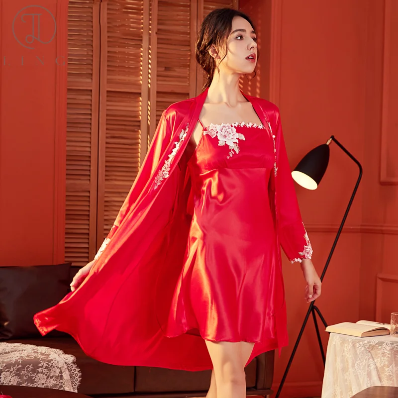 Ling Long Sleeve Robe Gowns Sets Sexy Silk Women\'s Sleepwear Homewear Clothing Solid Pajama Robe Sleep Shirts Night Gowns