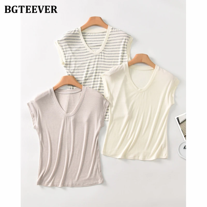 BGTEEVER Summer Silk and Wool Short-sleeved T-shirt for Women, Oval Face Base Layer, Slim Fit, Simple Top