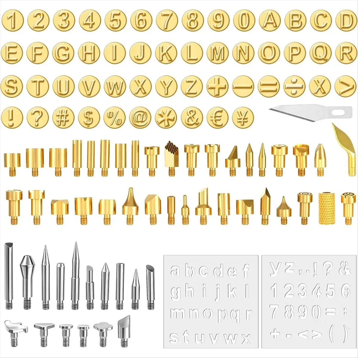 Budget-Friendly-105 Pieces Wood Burning Tip Letters Set Including Letter Number Symbol Alphabet Template for Wood Burner DIY Emb
