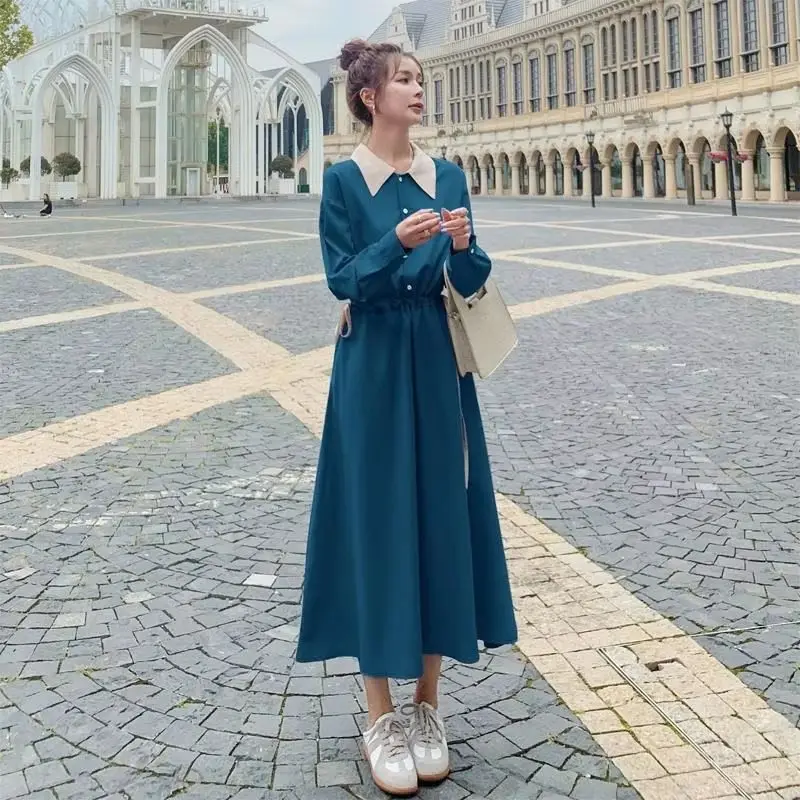 فستان قميص نسائي فرنسي بأكمام طويلة متناسق الألوان لربيع وخريف 2025 فساتين طويلة رفيعة بخصر جديد لملابس النساء