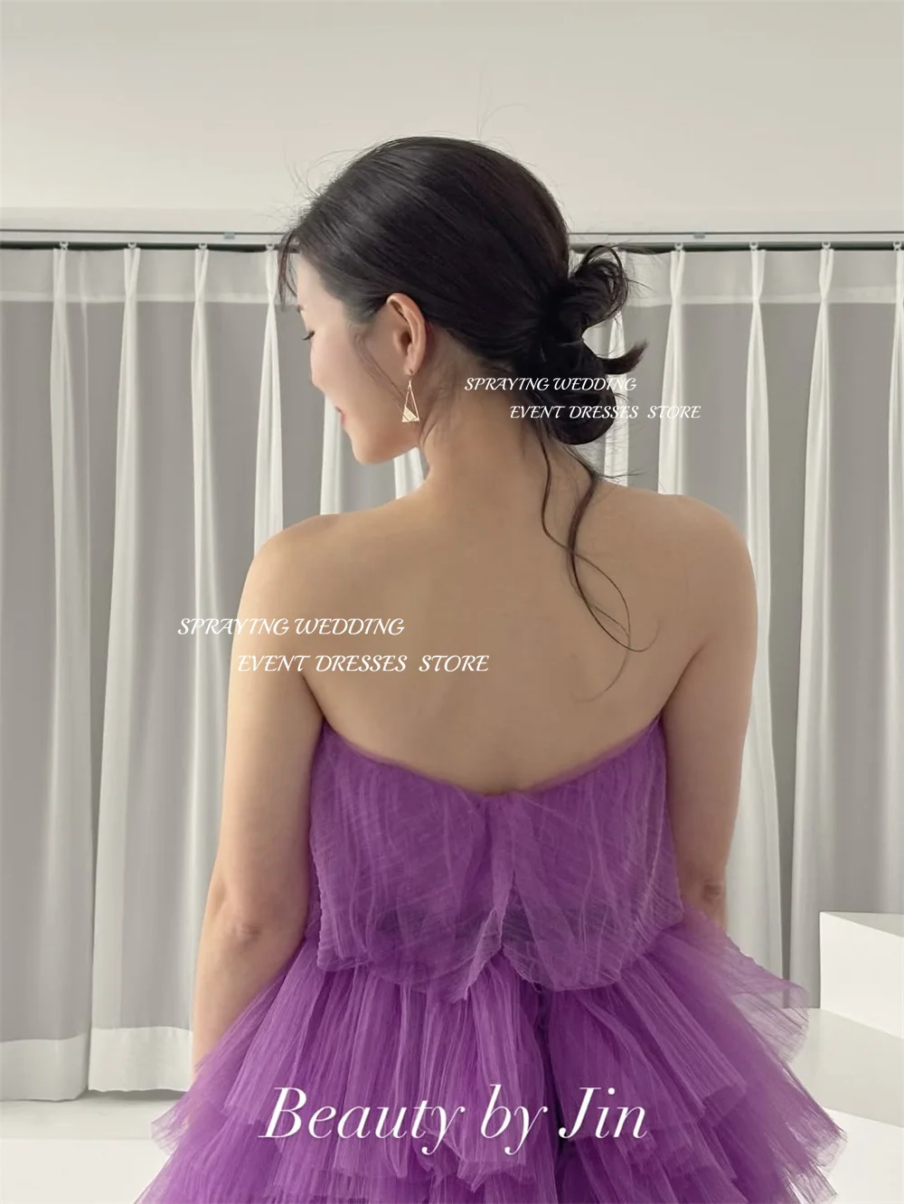 SPRAYING Abito da sera in tulle viola fata Corea Servizio fotografico di matrimonio Senza spalline Una linea Abito da festa lungo a strati Corsetto personalizzato