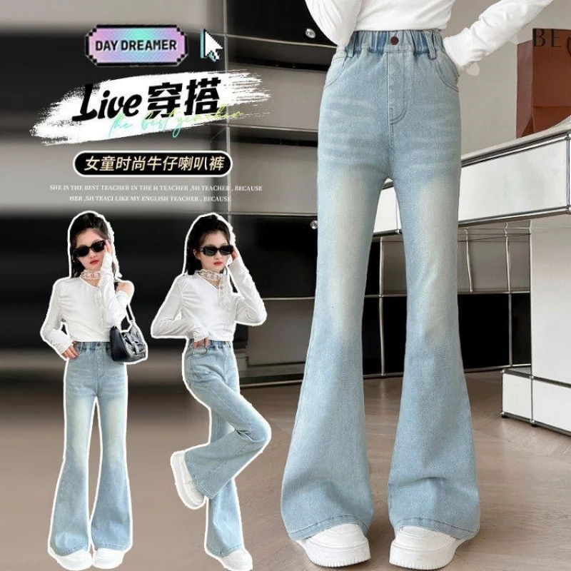 

Girls' Denim Jeans, Fitted Flare Jeans, Children's Heart Embroidery Denim Jeans, Big Girls' Denim Trousers