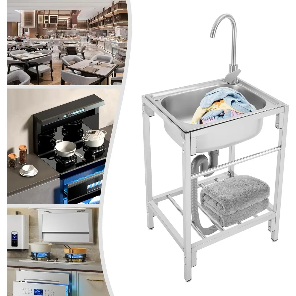 حوض فردي تجاري من الفولاذ المقاوم للصدأ مع صنبور ساخن/بارد وأرفف تخزين لغسل اليدين