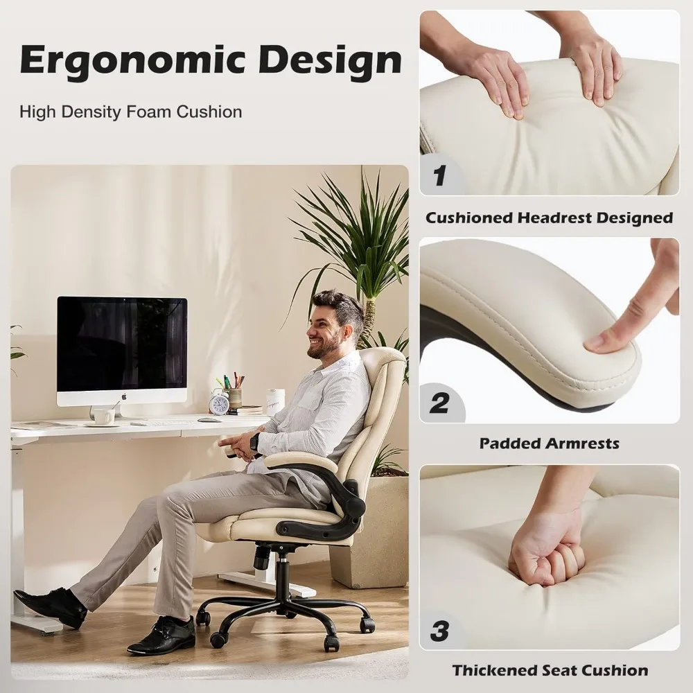 Silla de oficina de cuero con brazos abatibles, sillas de escritorio ejecutivas grandes y altas con respaldo alto y soporte lumbar ergonómico