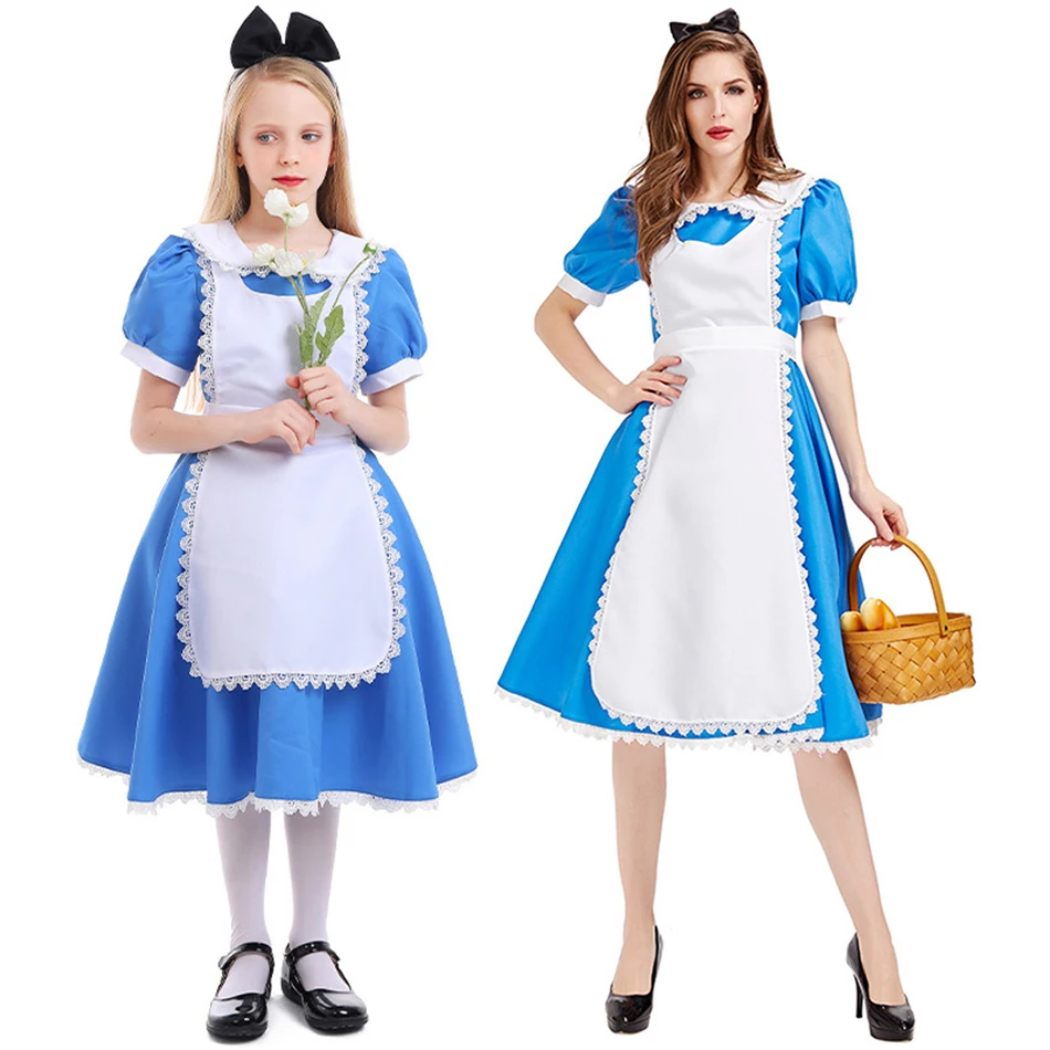 

Summer Girl Alice In Wonderland Cosplay Blue Princess Dress Women Carnival Halloween Performance Costume Family Matching Outfits