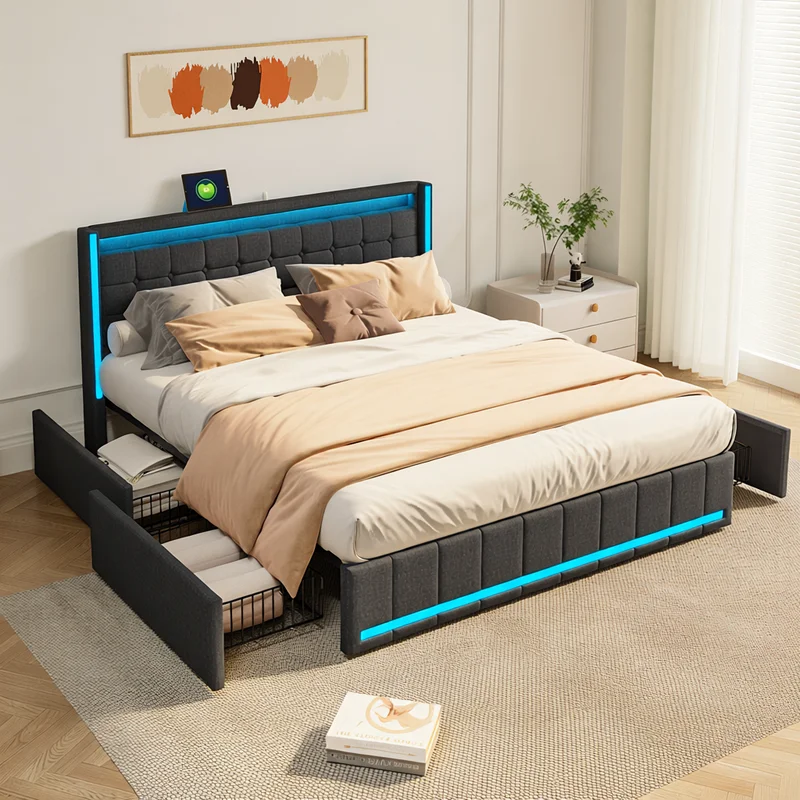 Lit Double Confortable 140x200 cm Tissu Lin Gris, LED, Sommier Inclus et Tiroirs, Chambre d'Amis Économique