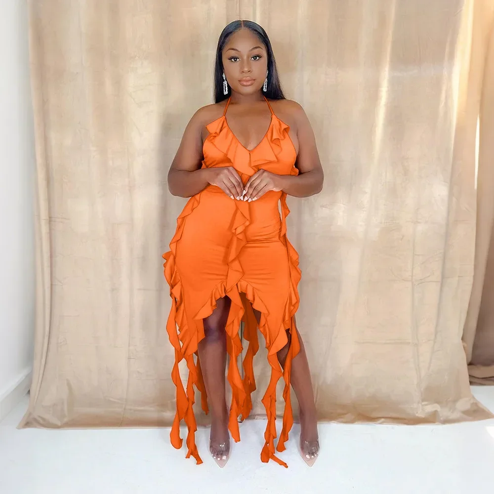 

Women Halter Neck Sleeveless Ruffles Irregular Maxi Long Dress 2025 Summer Beach Vacation Party Birthday Sexy Dresses