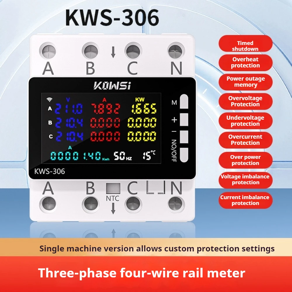 Tuya WiFi Power Energy Meter LCD AC Monitor AC85-290V 80A 3 Phase 4-wire DIN Rail Over Under Voltage Protector Electricity Meter