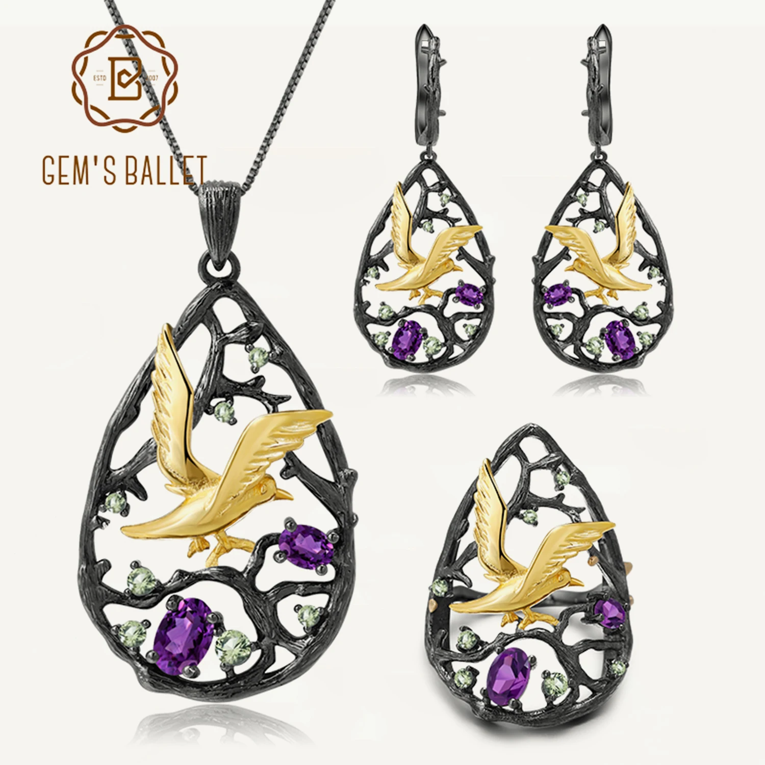 

GEM'S BALLET 925 Sterling Silver vintage Necklace Sets Natural Amethyst Handmade Originality Bird Tree for Women Fine Jewelry