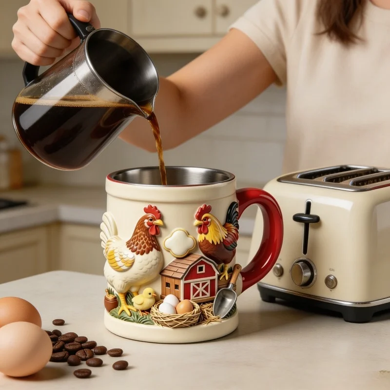 D Resin Coffee Mug with Lid - Cute Farm Animal Rooster & Hen Design - Unique Relief Sculpted Tea Cup for Home Kitchen Office Decor - Novelty Gift for Chicken Lovers