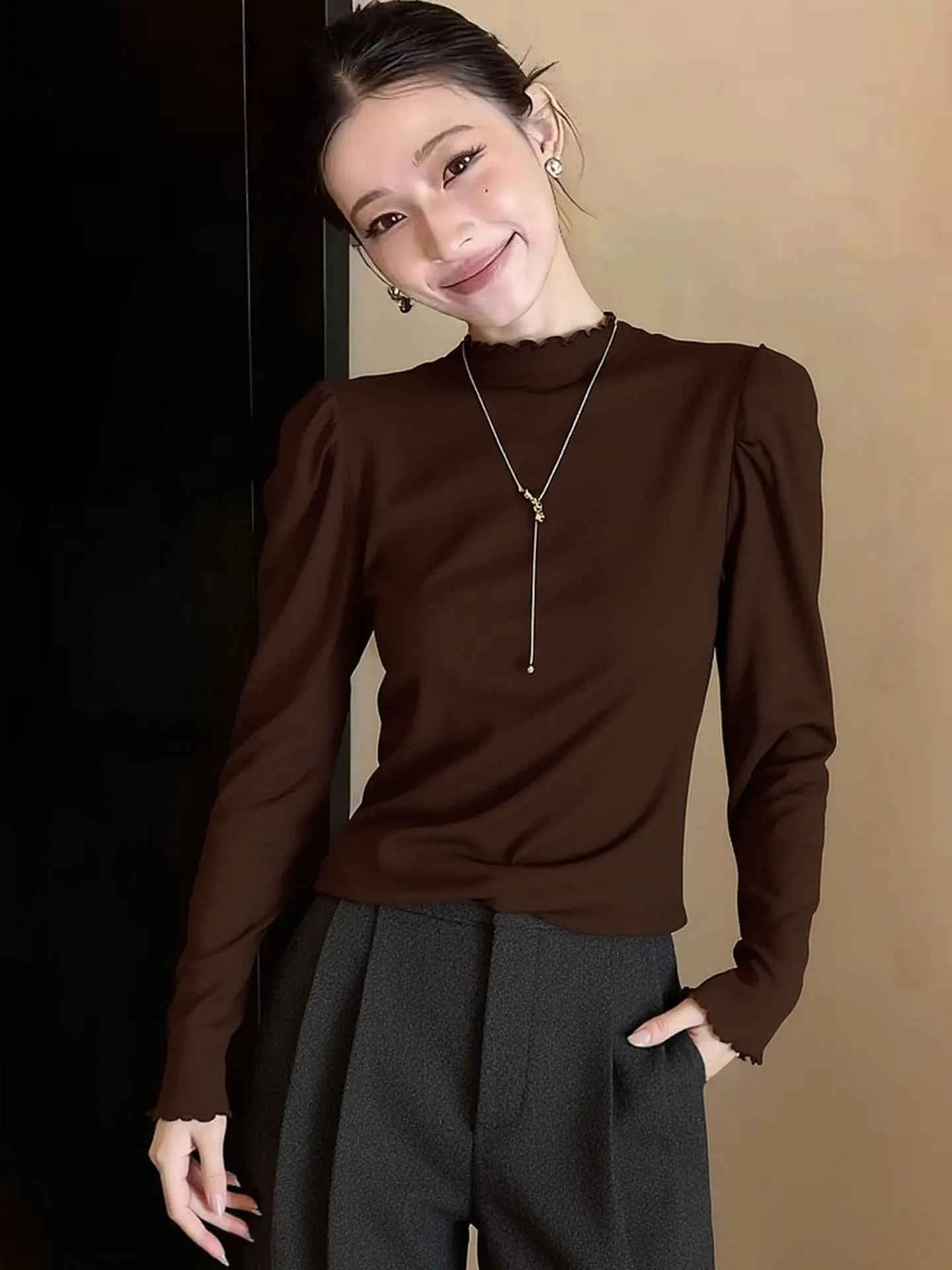 

Теплый вязаный лонгслив с высоким воротом, базовый топ, европейский премиум-бренд, для повседневной носки, корейский стиль, стандартный крой