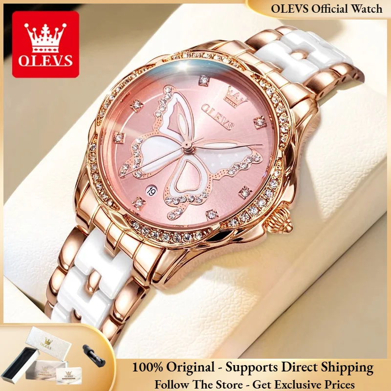 OLEVS 5610 Women Watch Fashion Elegant Diamond Butterfly Dial Ceramic Strap Waterproof Luminous Watch Luxury Top Quartz Watch