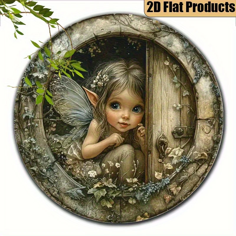 2D Flat Round Wooden Sign Vintage Forest Fairy Peeking From Tree Hole Door Elf Rustic Garden Home Wall Decor Plaque