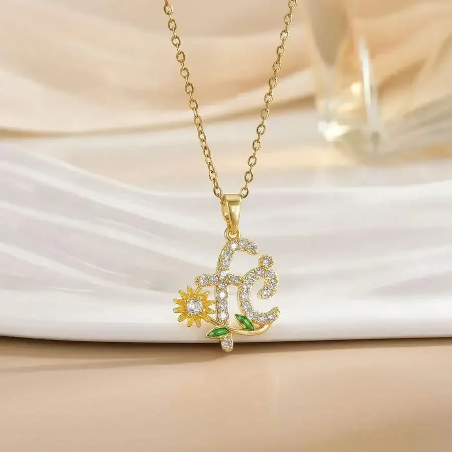 

Enamel Letter FE Pendant Necklace With Crystal And Flower Design Fashion Collarbone Chain