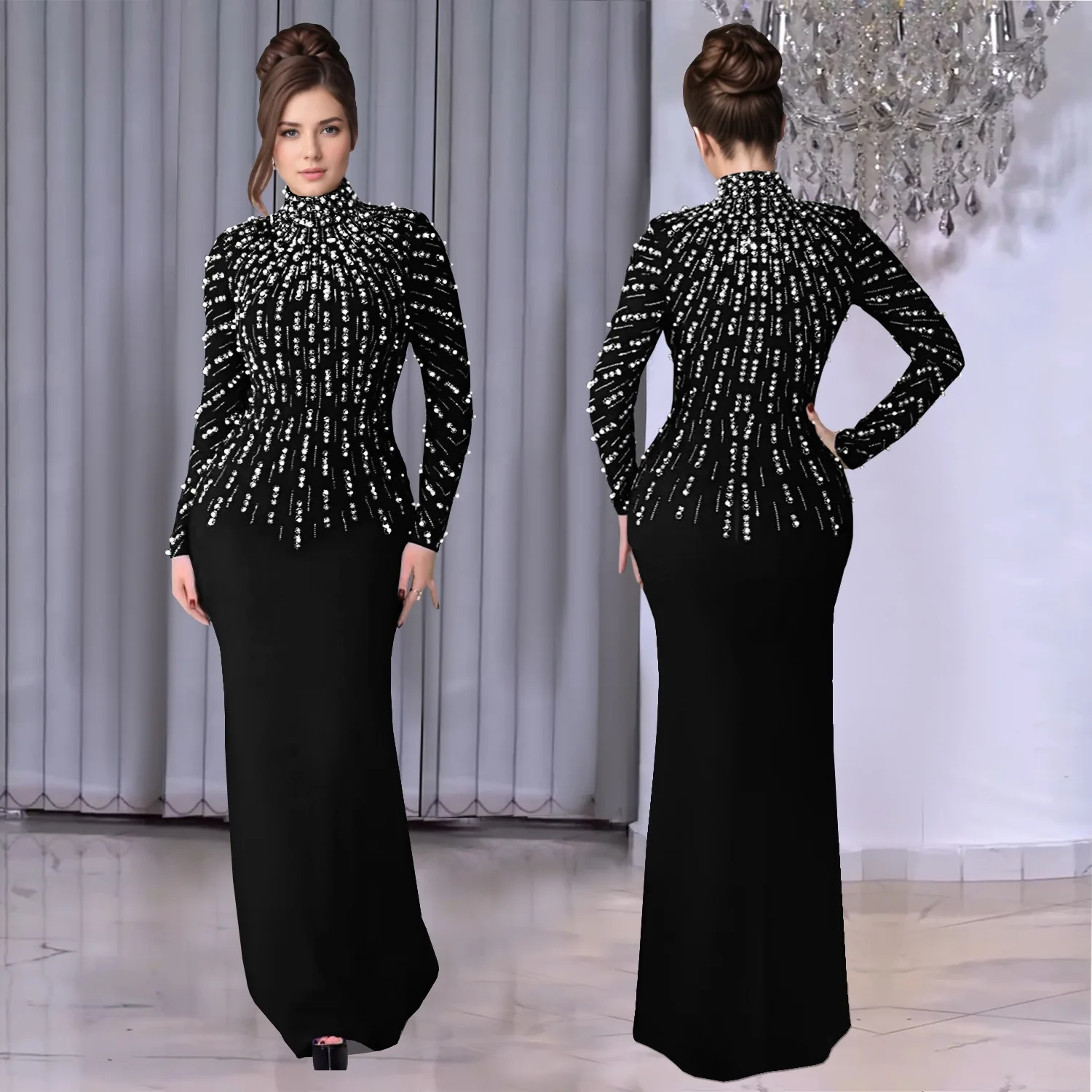 

Sexy Nightclub Party Dance Gathering Club Banquet Elegant Long-Sleeve Beaded Rhinestone-Embellished Arm-Covering Dress
